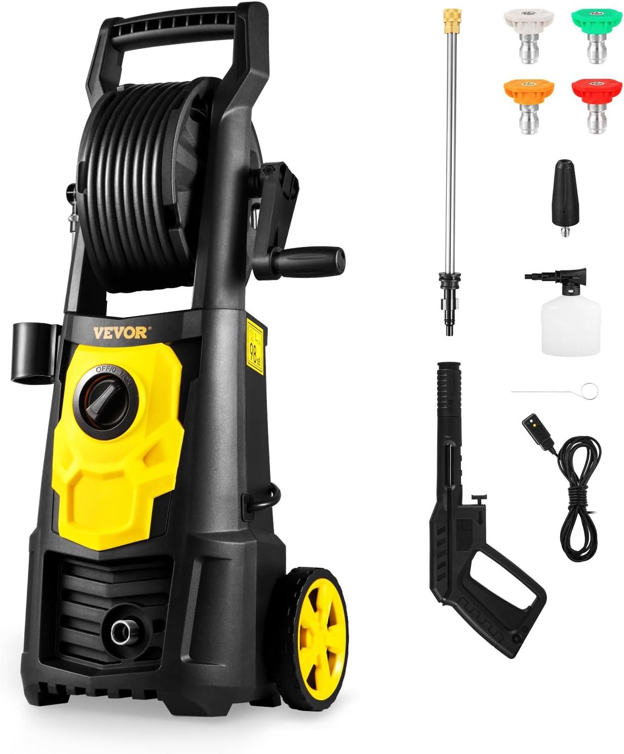 VEVOR Electric Pressure Washer, 2000 PSI 1.76 GPM 30 ft Hose & Reel, 5 Quick Connect Nozzles, Foam Cannon, Portable to Clean Patios, Cars, Fences, Driveways, ETL Listed