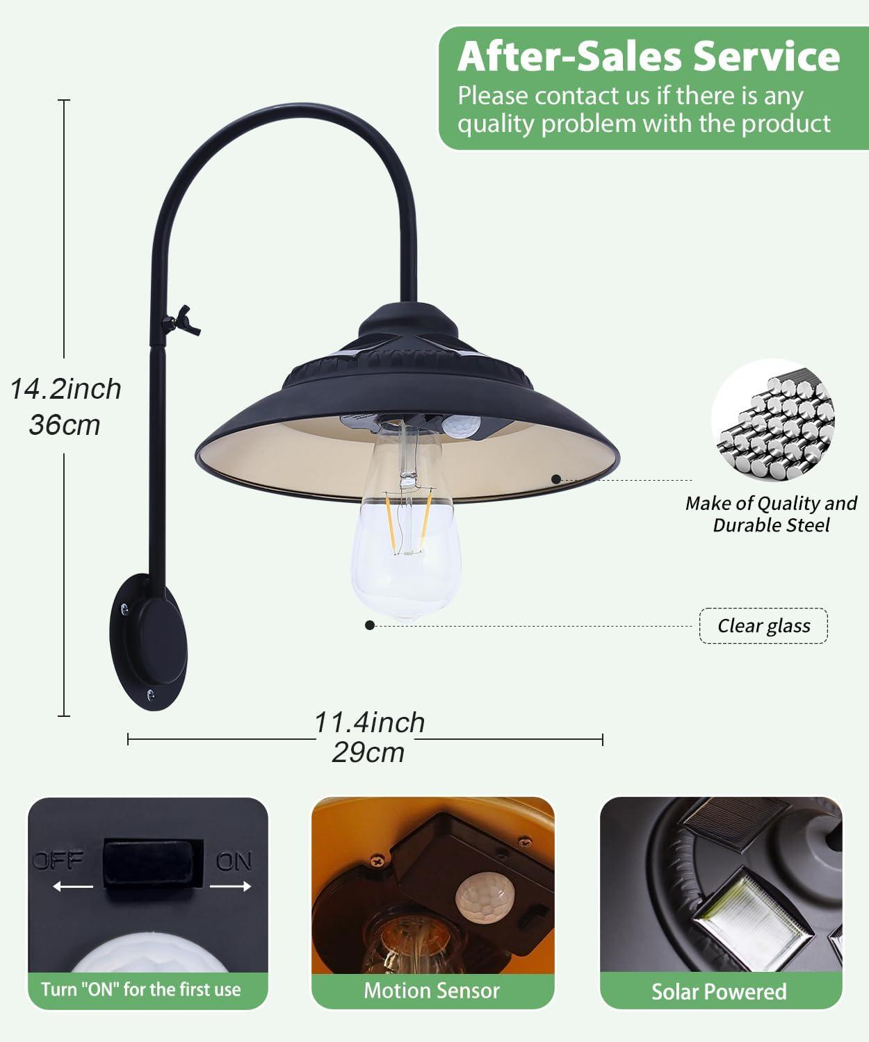 Goodeco Solar Barn Light with Motion Sensor - Metal Design Outdoor Lights - 4 High Efficiency Solar Panels with Clear Glass LED Edison Bulb, Perfect Chicken Coop Light & More (Black)