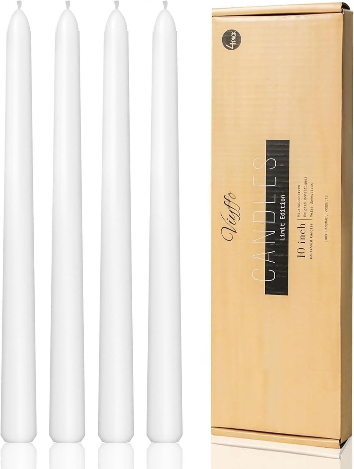Candwax 10 inch Taper Candles Set of 4 - Dripless Taper Candles and Unscented Candlesticks - Perfect as Dinner Candles and Household Candles - White Candles