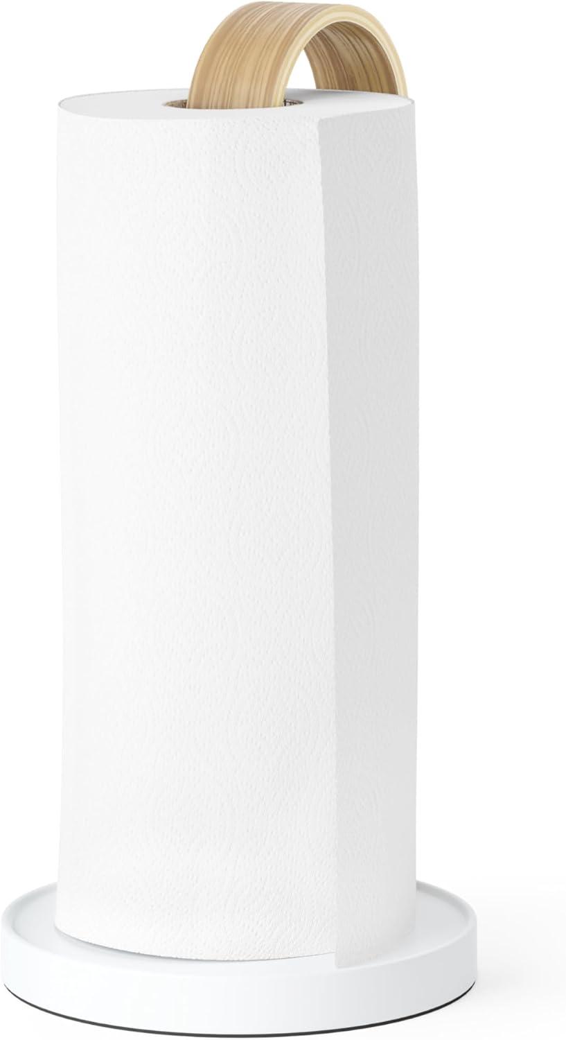 Umbra Bellwood Paper Towel Holder for Kitchen Countertop, with Real Wood Stand and Weighted Metal Base, White/Natural