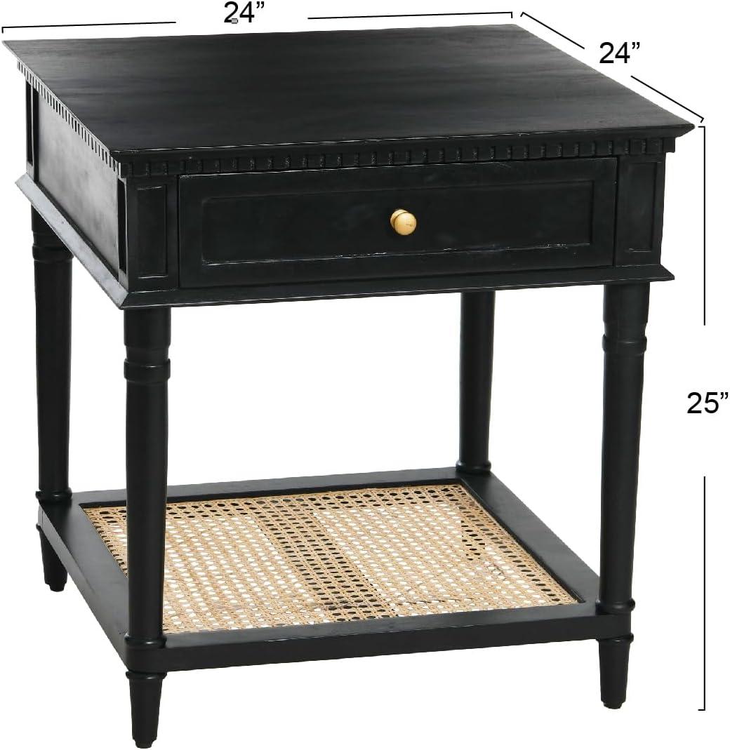 Storied Home Maxwelton End Table Black: Elegant Square Nightstand with Storage Drawer & Cane Shelf