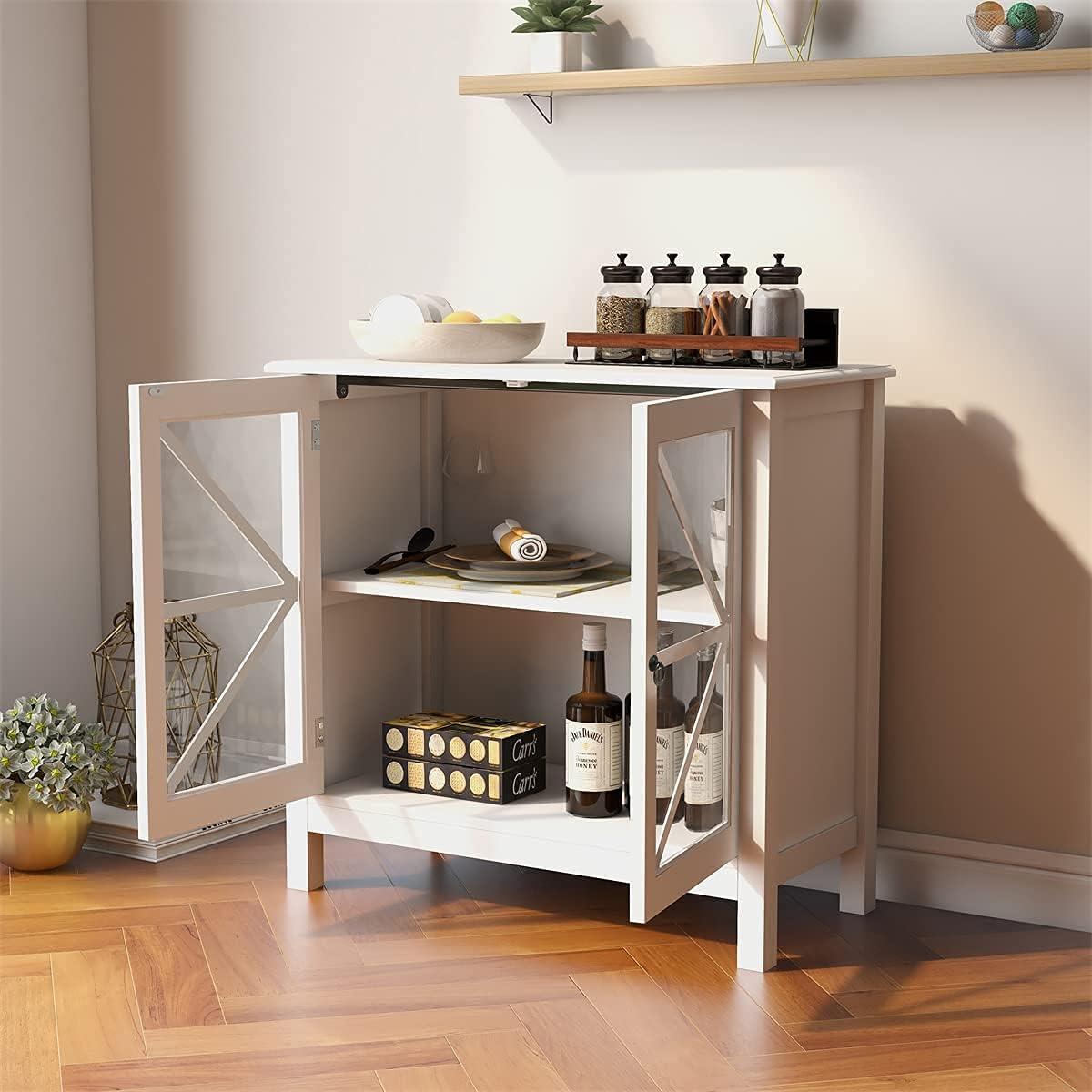 RASOO Sideboard Cabinet with Glass Doors - Buffet Storage for Home, Kitchen, Dining Room - Cupboard Console Table, Espresso (White)