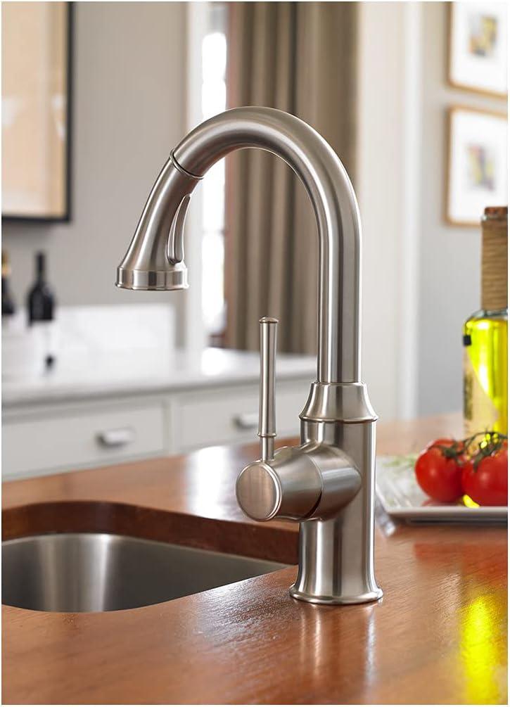 Modern Steel Optik Pull-Out Spray Kitchen Faucet in Chrome