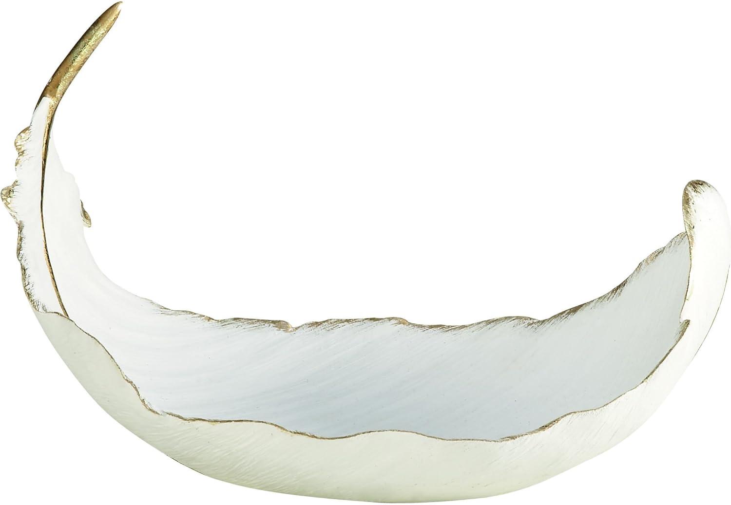 Elegant Oval White and Gold Polystone Feather Decorative Bowl