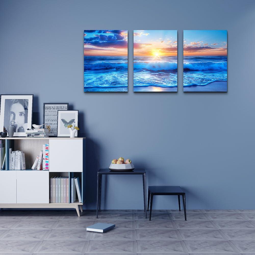 Sunrise Ocean Waves Canvas Wall Art For Living Room Bedroom Wall Decor Office Wall Pictures Blue Sea View Wall Paintings Beach Canvas Prints Artwork Modern Bathroom Home Decor Art 12" X 16" 3 Pieces