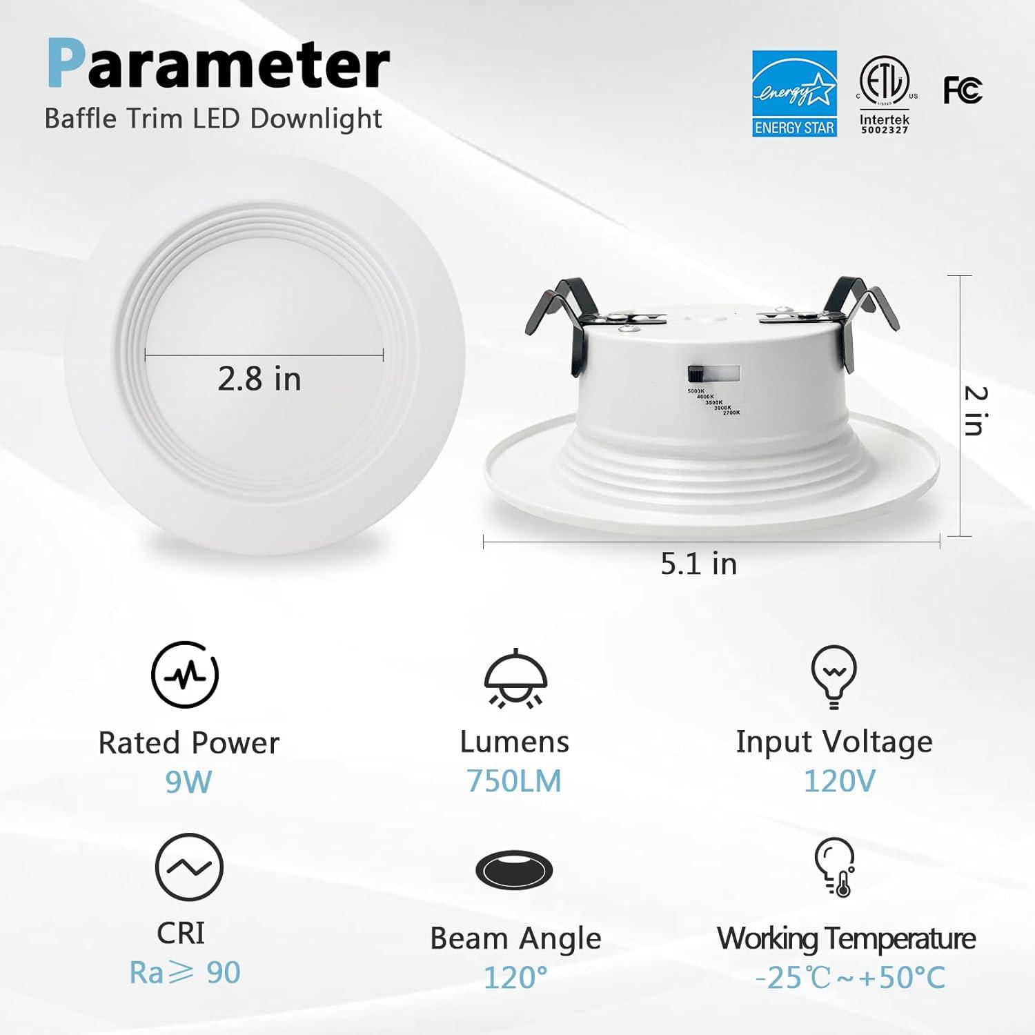 12 Pack 4 Inch 5CCT LED Retrofit Recessed Light, Baffle Metal Trim, Dimmable Can Lights, E26 & TP24, FCC T24 ETL, 2700K/3000K/3500K/4000K/5000K