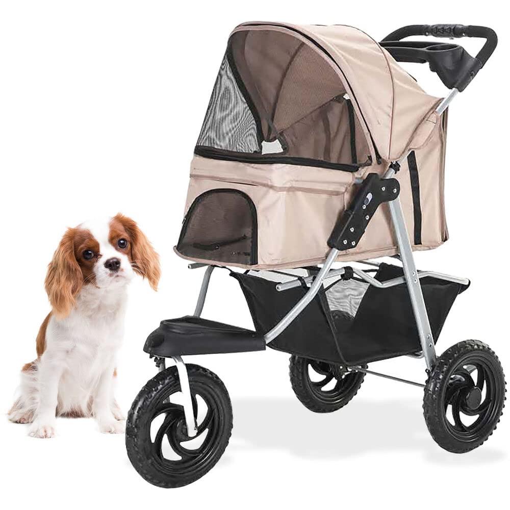 Critter Sitters Pet Stroller with Storage Basket Single Carriage Carrier for Animals up to 55 lbs, Tan