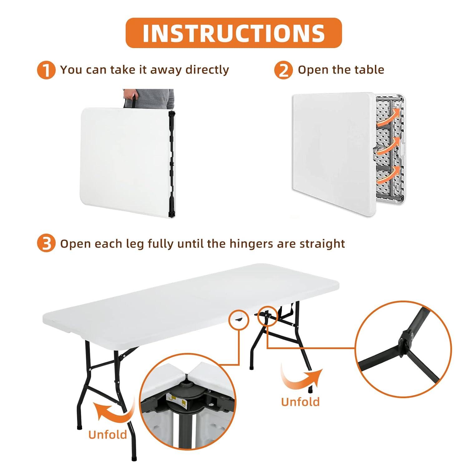 Plainsity Mesa Plegable de Plástico de 6 Pies - Mesa de Comedor Portátil, Plegable y Resistente para Fiestas, Bodas, BBQ, Camping, Eventos en el Patio Trasero - Mesa Utilitaria para Interiores/exteriores con Asa de Transporte Blanca