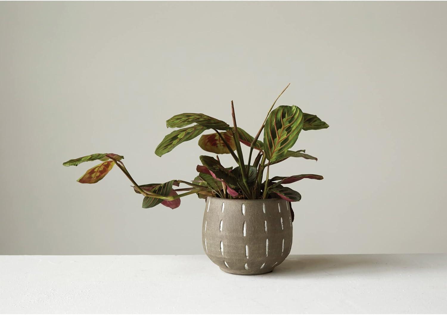 Creative Co-Op Round Terracotta Planter with Hand Painted Lines and Glazed Finish, Grey