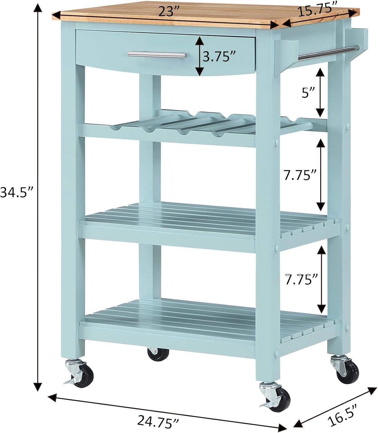 Ellaine Four-Tier Butcher Block Kitchen Cart w/Drawer and Wine Rack in Blue Wood