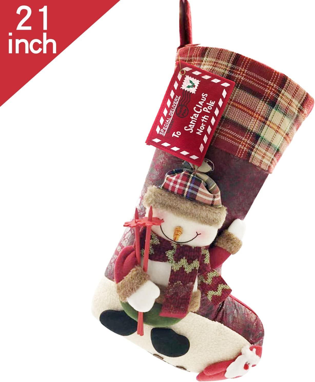 21 inch Plaid Christmas Stockings Snowman with Santa Claus One Piece, Felt Large Plush 3D Snowman Design Hanging Xmas Stocking for Girls Boys Gift Tree Mantel Party Décor (Red Snowman)