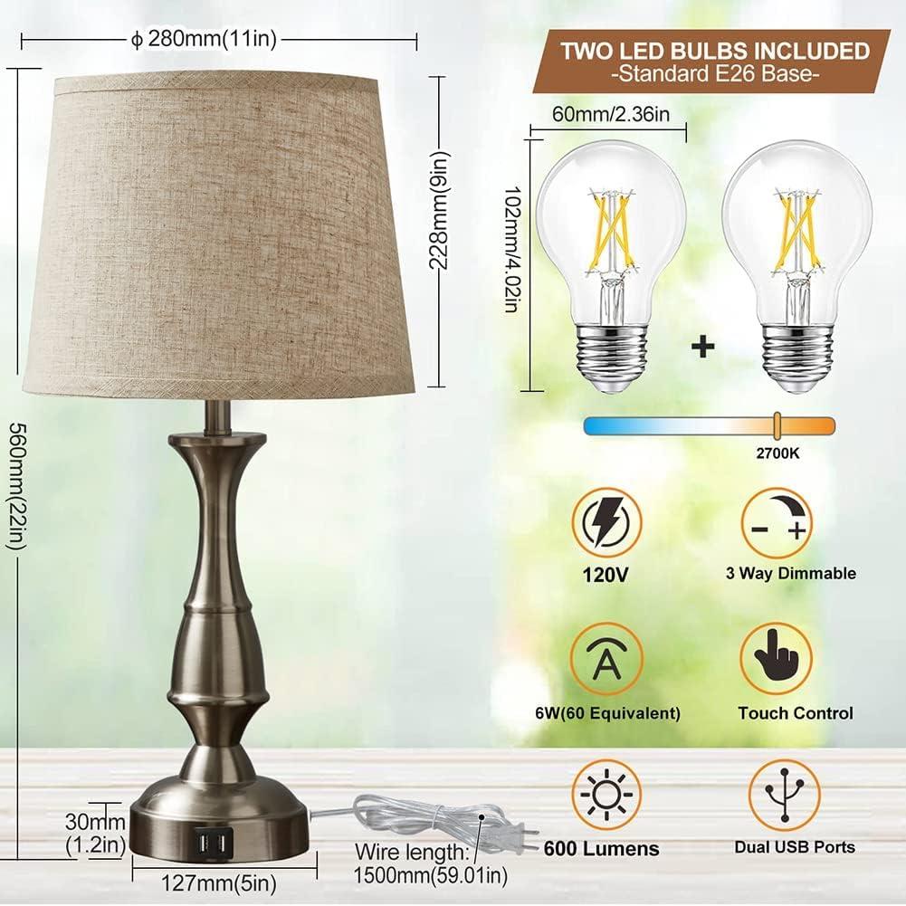 GyroVu Vintage Bedside Lamp Set of 2,Farmhouse Table Lamp Touch Control 3-Way Dimmable End Table Lamp with 2 USB Port, Desk Lamp Modern Nightstand Lamp for Living Room Bedroom Hotel Office