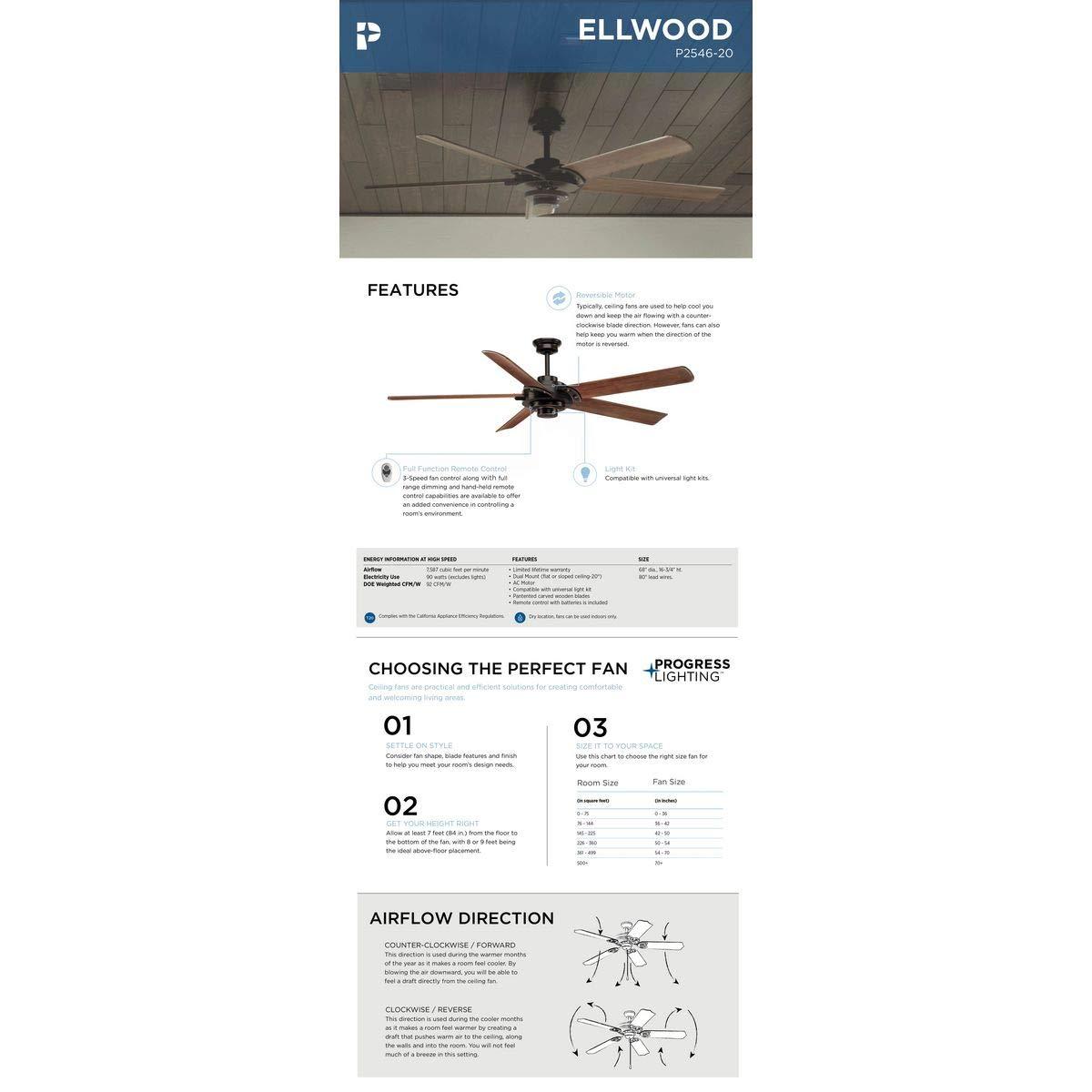 P2546-20-Progress Lighting-Ellwood - Wide - Ceiling Fan - Handheld Remote in Transitional and Coastal style - 68 Inches wide by 15.75 Inches