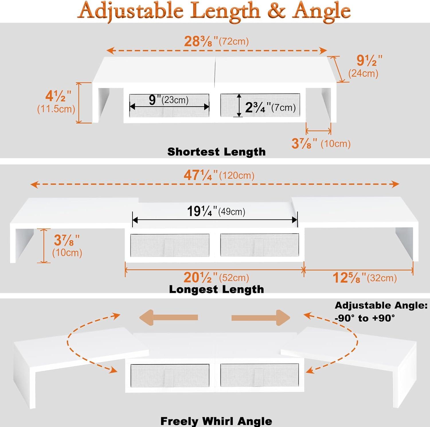 White Adjustable Dual Monitor Stand with Storage Drawers