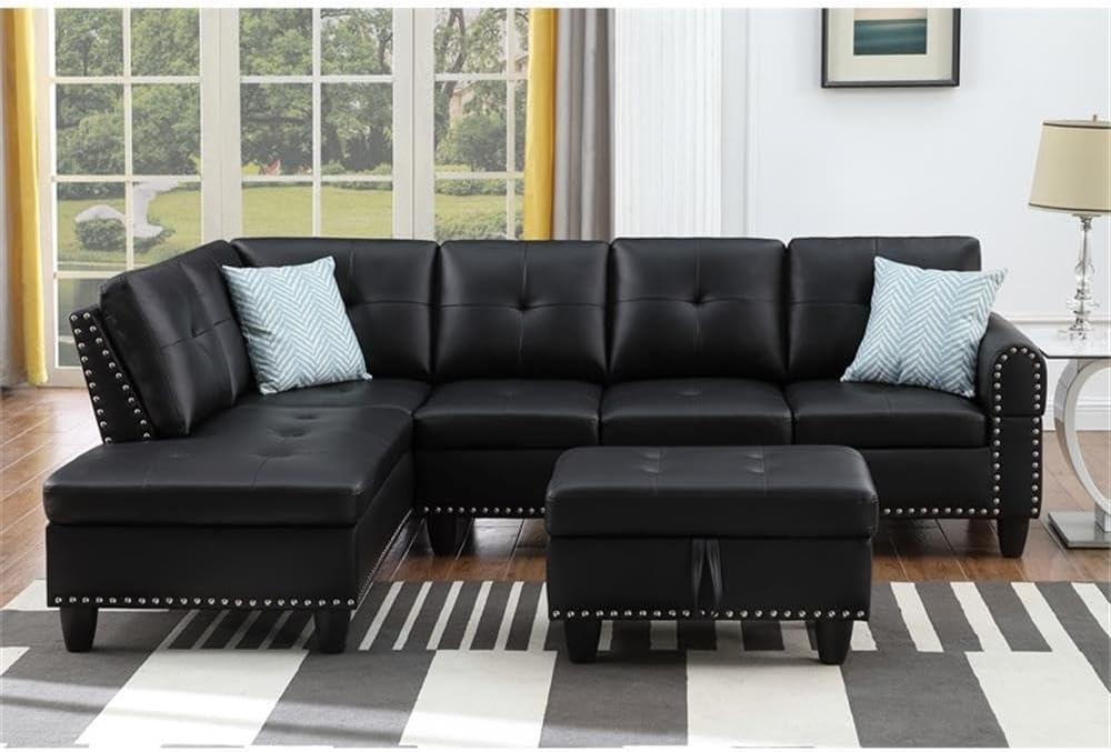 Devion Furniture Contemporary Faux Leather Nailhead Trim L Shaped Sectional Sofa Set Black