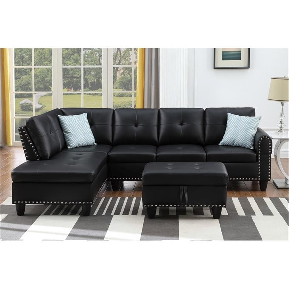 Devion Furniture Contemporary Faux Leather Nailhead Trim L Shaped Sectional Sofa Set Black