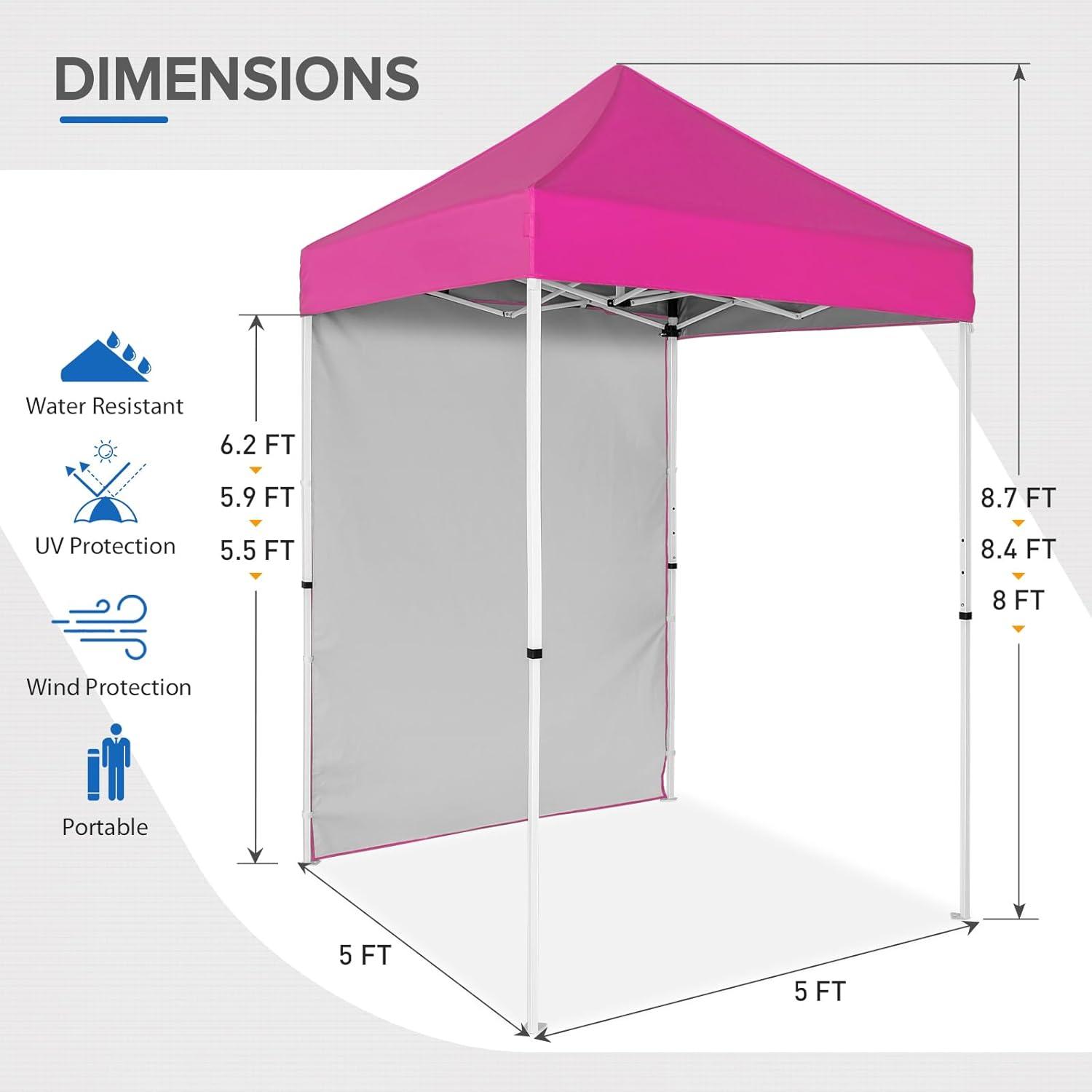 EAGLE PEAK Straight Leg Outdoor Portable Canopy Tent with One Removable Sunwall 5 x 5 ft, Carry Bag Included, Pink