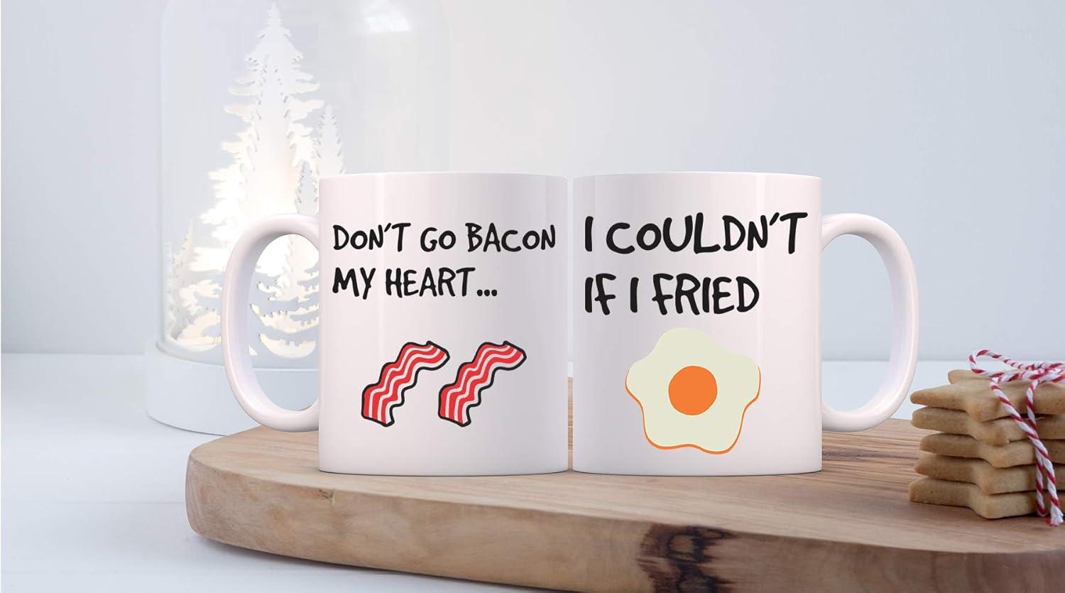 Don't Go Bacon My Heart, I Couldn't If I Fried - 11oz White Ceramic Coffee Mug Couples Sets - Funny His & Her Gifts - Husband and Wife Anniversary Presents - Wedding or Egement Gift - By CBT Mugs