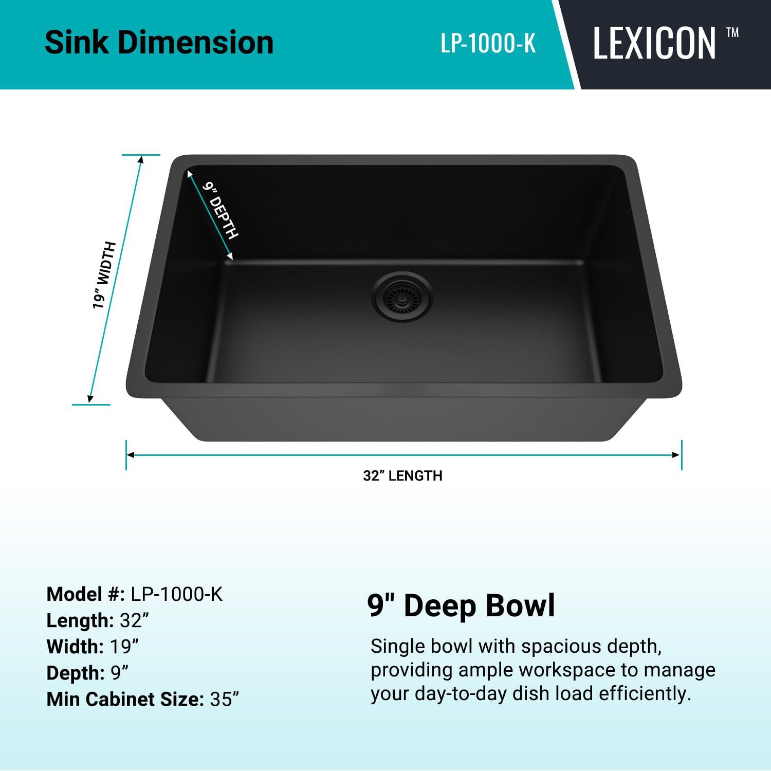 Lexicon LP-1000-K 32" x 19" Quartz Kitchen Sink, Single Bowl Sink, Drop-in Sink, Undermount Sink, Granite Kitchen Sink, with Steel Grids and Basket Strainer, Disposal Flange