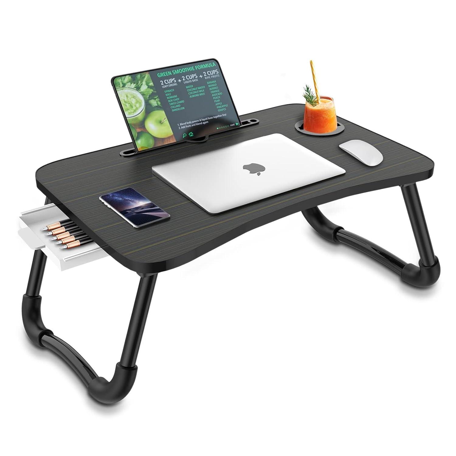 Foldable Laptop Bed Table Multi-function Lap Bed Tray Table with Storage Drawer and Water Bottle Holder, Serving Tray Dining Table with Slot for Eating, Working on Bed/Couch/Sofa (Arc shape)