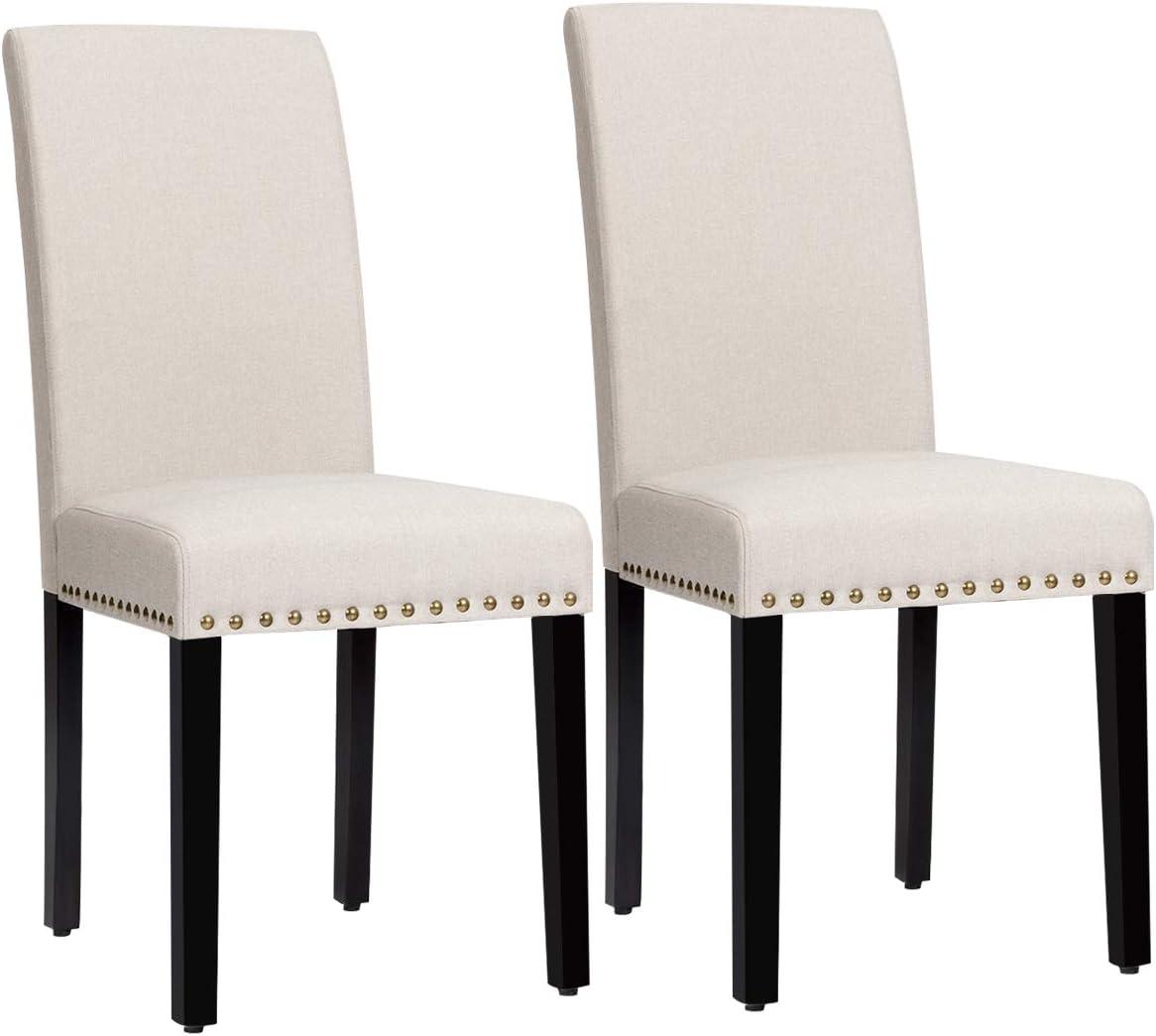 Costway Set of 2 Fabric Dining Chairs Upholstered with Nailhead Trim Beige