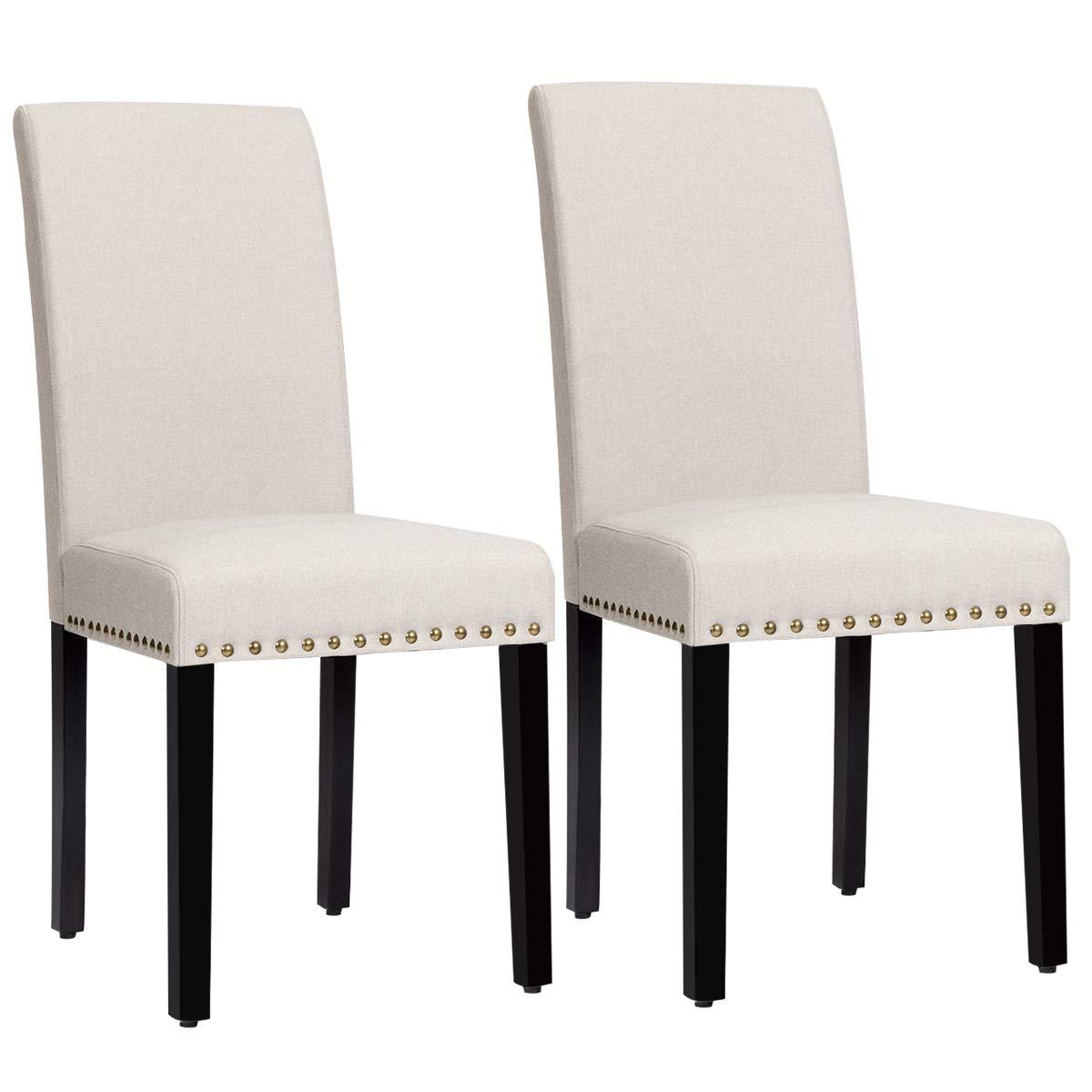 Costway Set of 2 Fabric Dining Chairs Upholstered with Nailhead Trim Beige