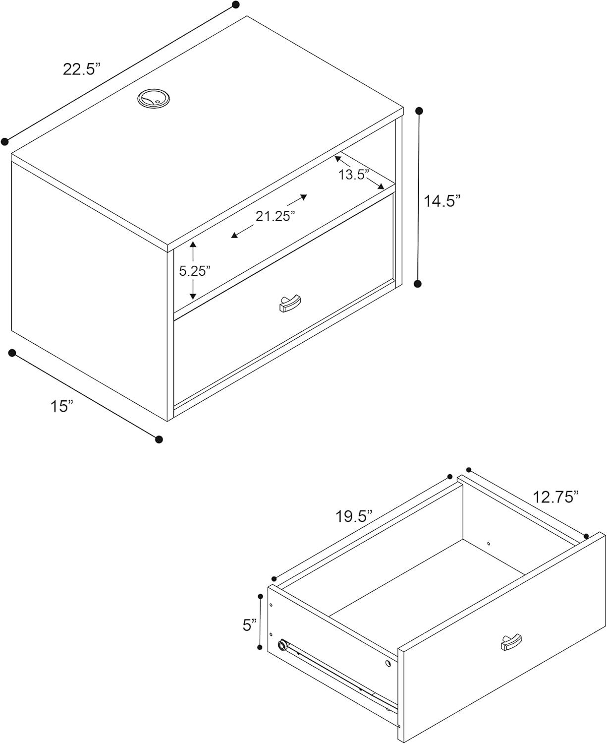 Floating 1 Drawer Nightstand with Open Shelf Black - Prepac: Modern Wall-Mounted Design, Cable Management, Laminated Surface