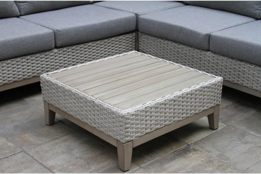 Outdoor Interiors Antique Stained Eucalyptus and Light Beige Wicker Contemporary Sectional Patio Furniture Set, 4 Piece