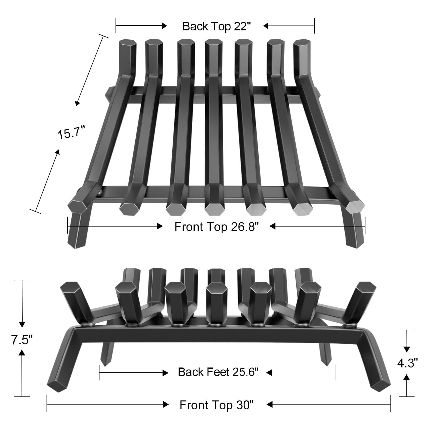 Fireplace Log Grate 30 inch Wrought Iron Fire Place Grates Heavy Duty Solid Steel Indoor Chimney Hearth 3/4" Bar Outdoor Firepit Wood Stove Firewood Burning Rack Holder