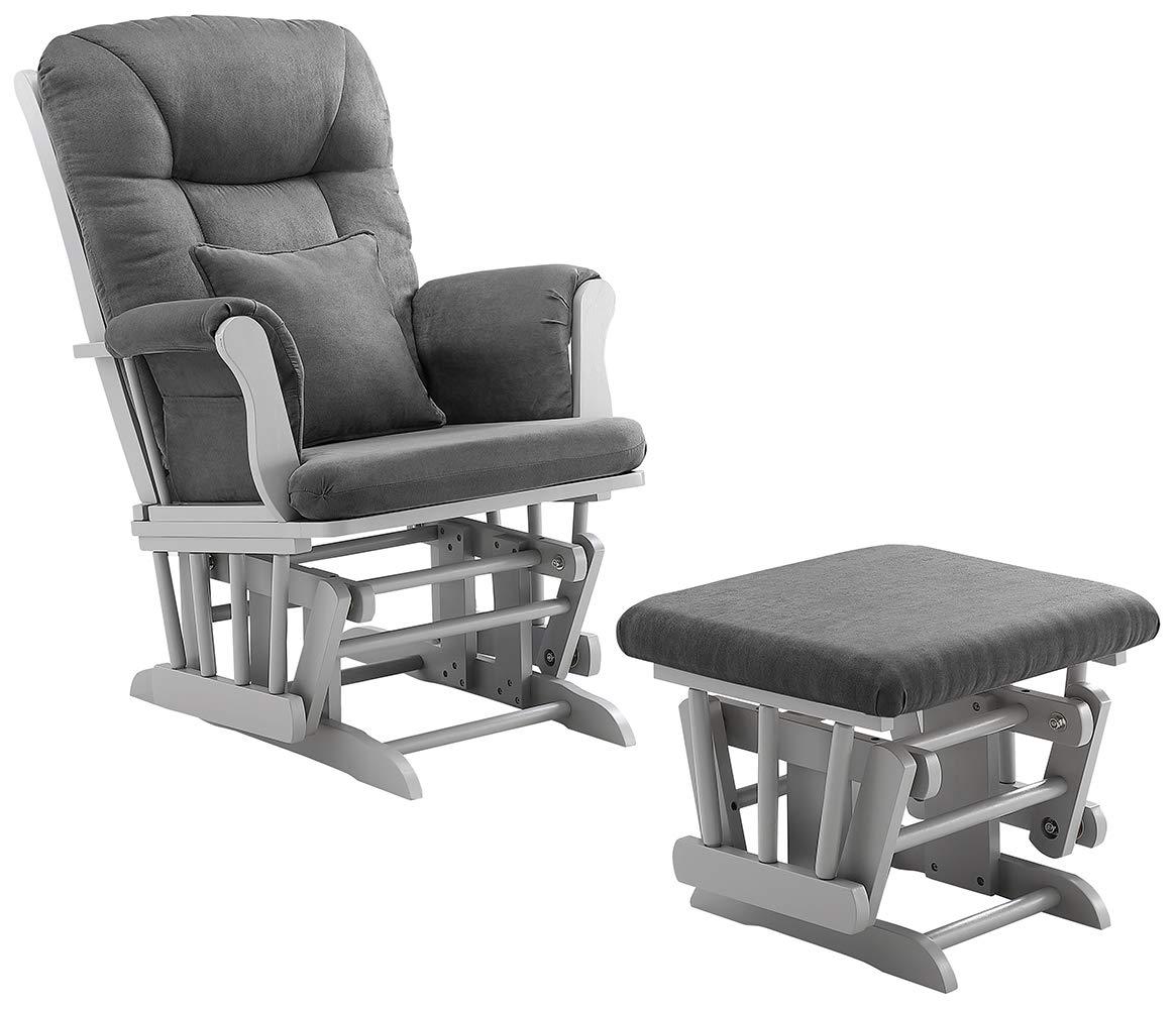 Gray Wooden Glider and Ottoman with Dark Gray Cushions