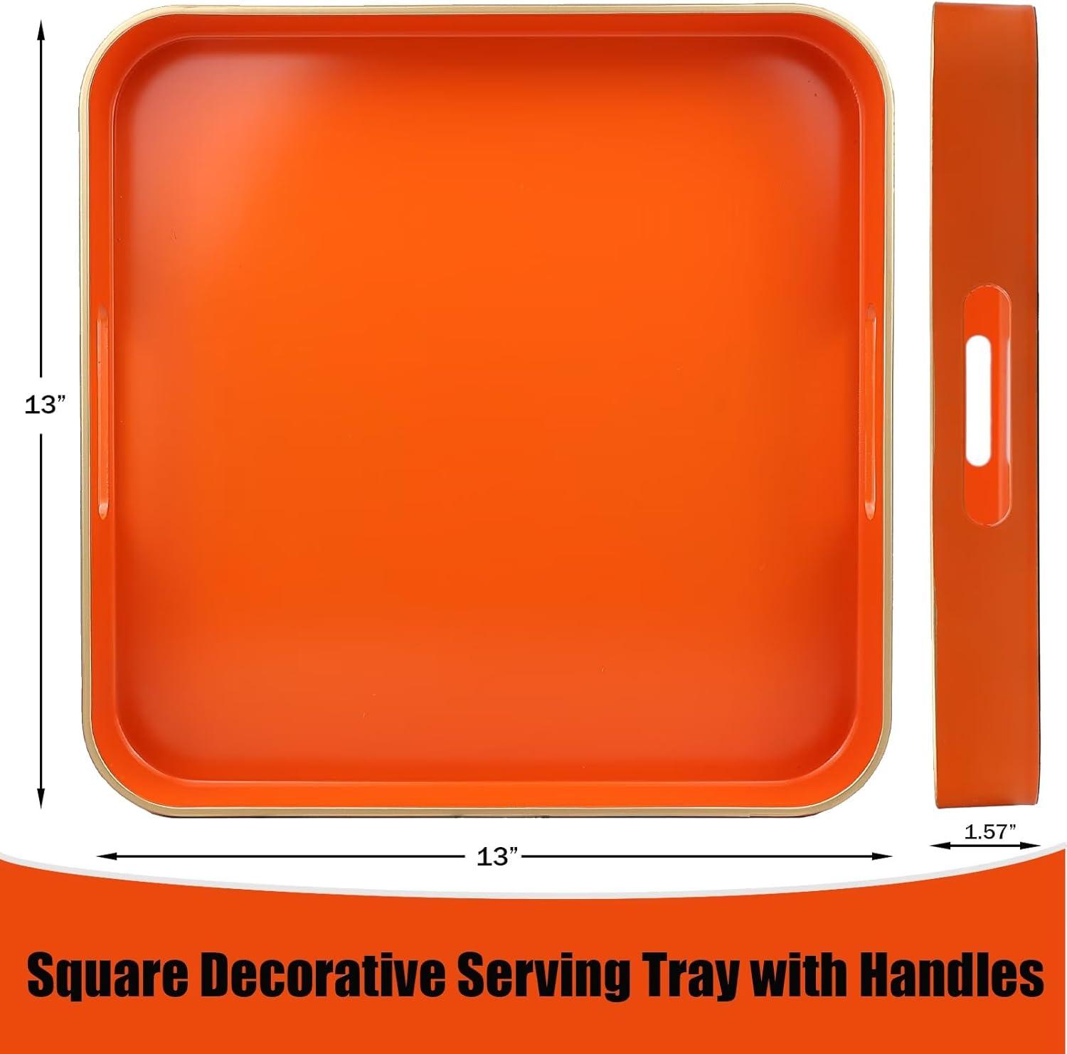 MAONAME Decorative Tray, Orange Serving Tray with Handles, Coffee Table Tray, Square Plastic Tray for Ottoman, Bathroom, Kitchen, 13"x13"x1.57"