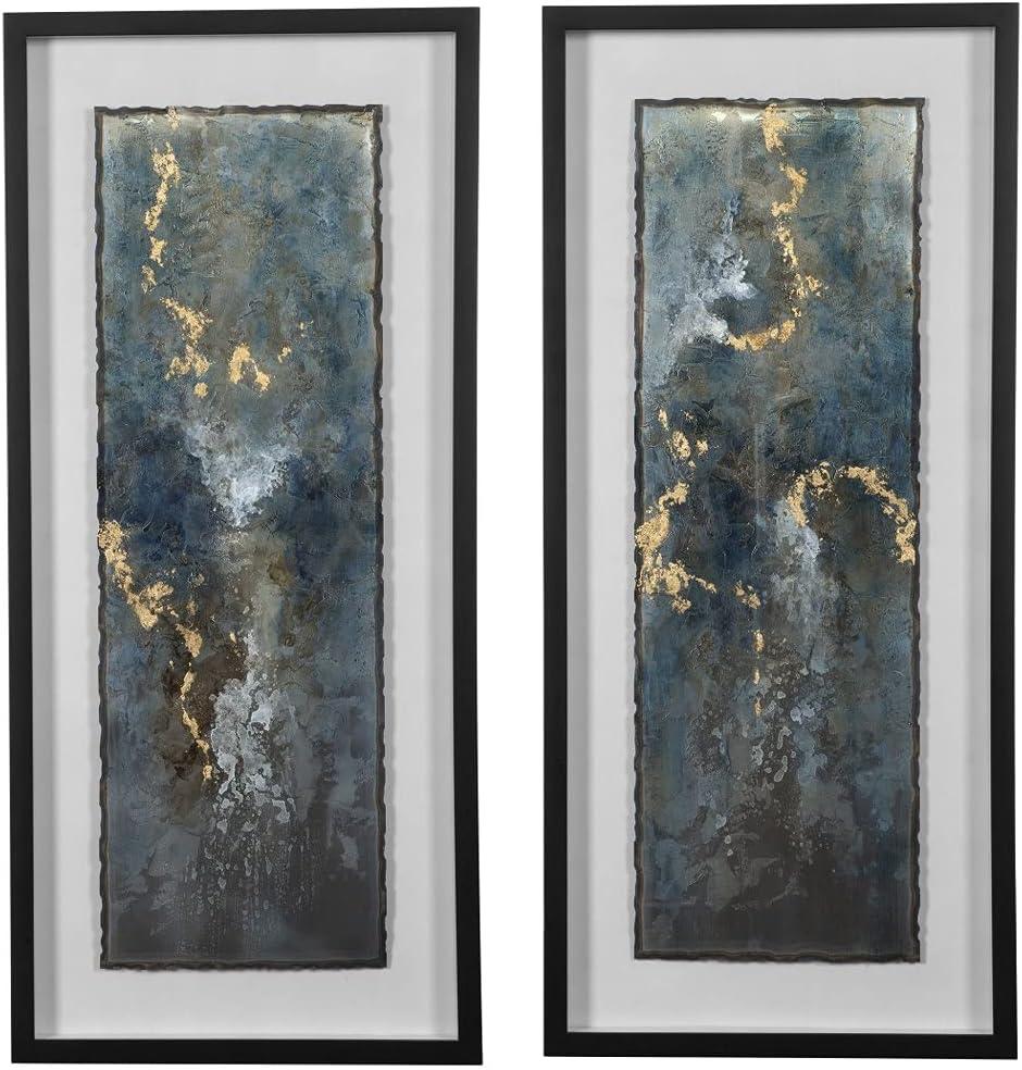 Glimmering Agate Blue and Gold Abstract Wall Art Set