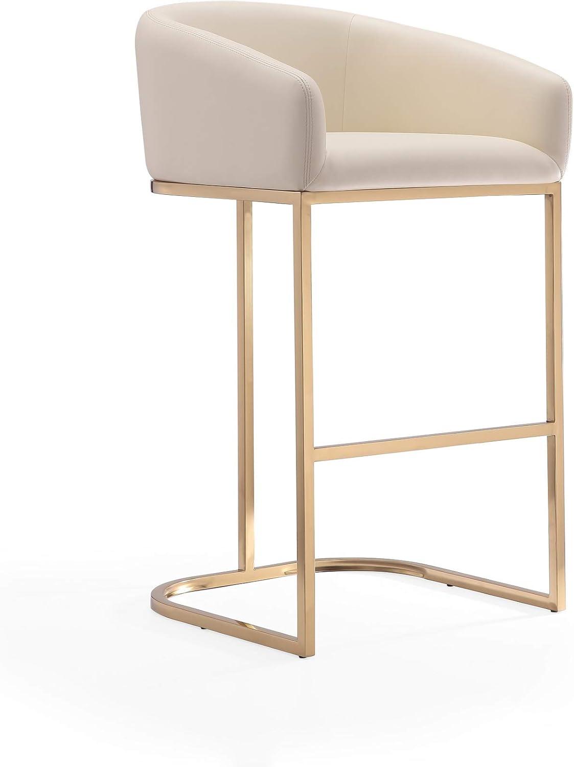 Set of 2 Louvre Upholstered Stainless Steel Barstools Cream: Gold Base, Faux Leather, No Assembly - Manhattan Comfort