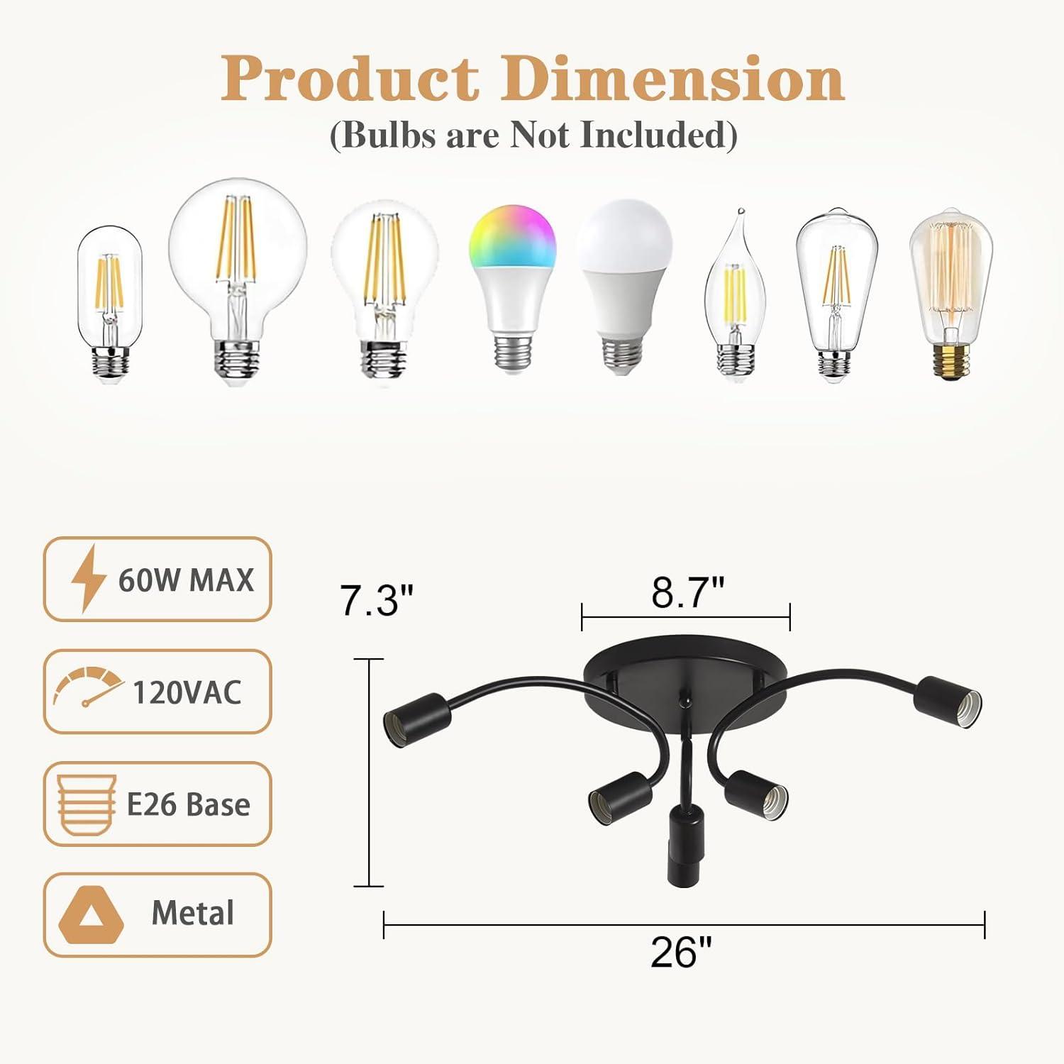 Modern Sputnik Chandeliers, 6-Light Ceiling Light Fixture for Bedroom, Kitchen, Dining Room, Living Room, Black with E26 Bulb Base