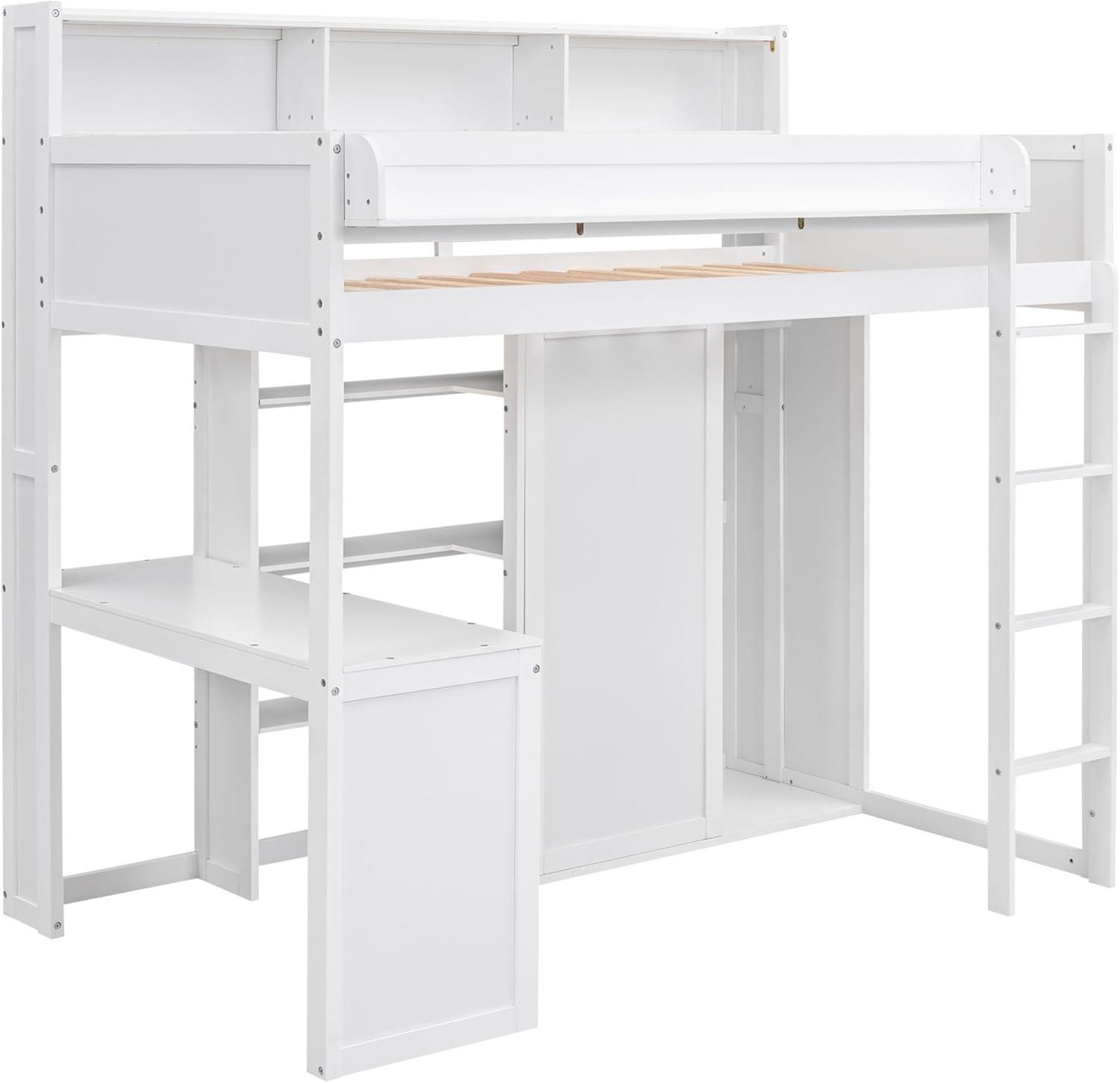 Harper & Bright Designs Twin Size Loft Bed with Storage Shelves and Wardrobe, Wood Loft Bed with Built-in Desk and Staircase for Adults Boys Girls, Space Saving