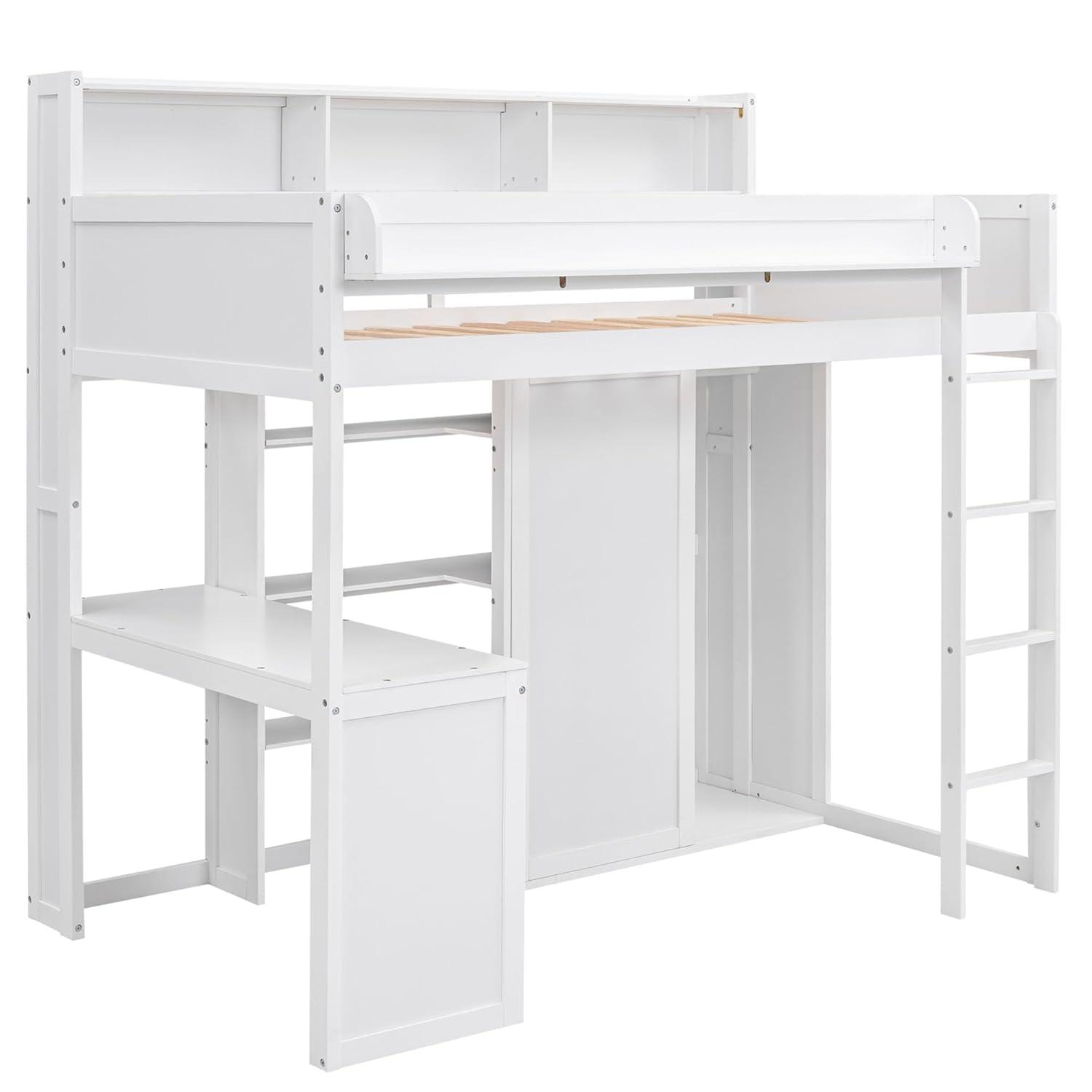 Harper & Bright Designs Twin Size Loft Bed with Storage Shelves and Wardrobe, Wood Loft Bed with Built-in Desk and Staircase for Adults Boys Girls, Space Saving