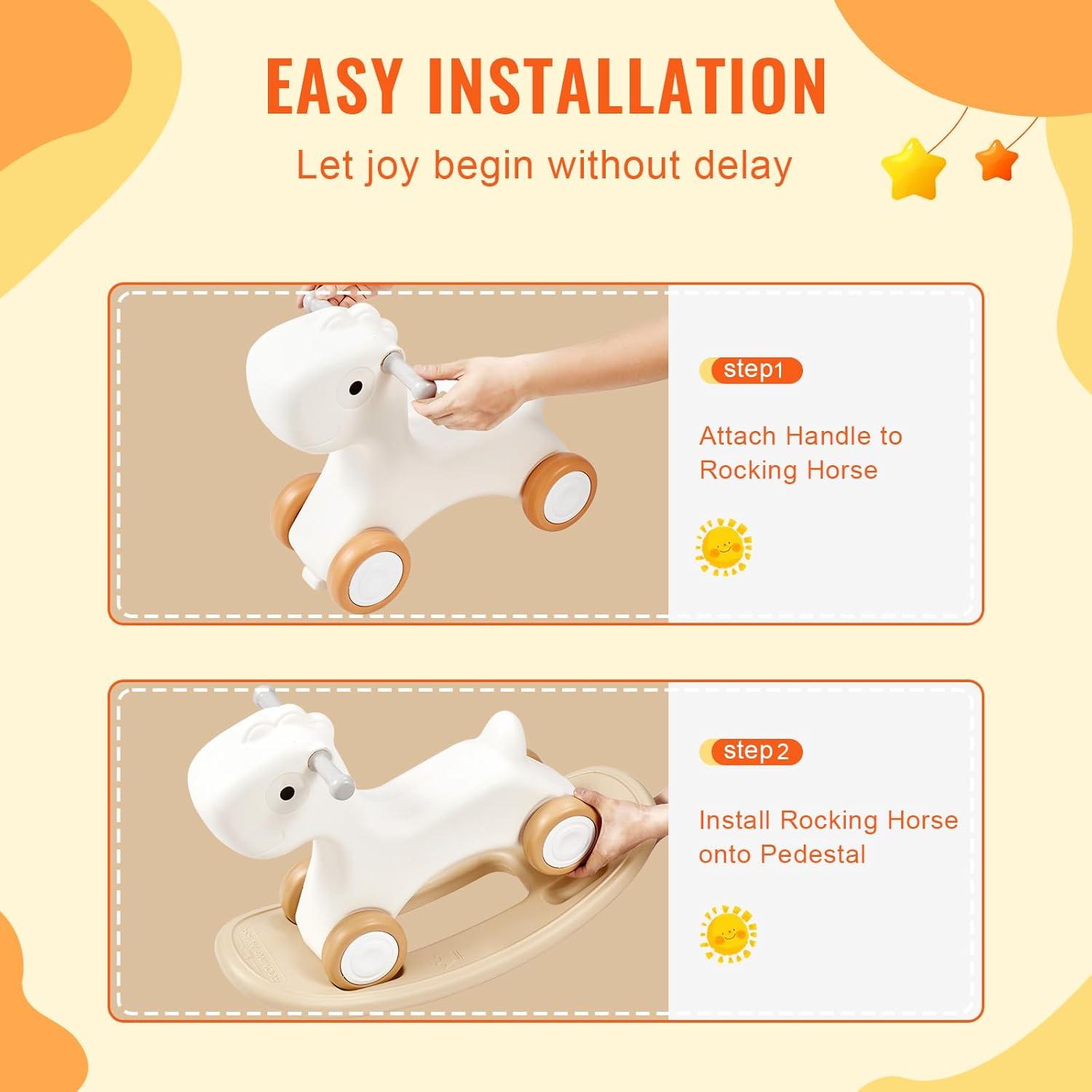 3 in 1 Rocking Horse for Toddlers 1-3 Years, Baby Rocking Horse with Detachable Balance Board and 4 Smooth Wheels, Support up to HDPE Material 80 lbs Kids Ride on Toy, 40 Swinging, White