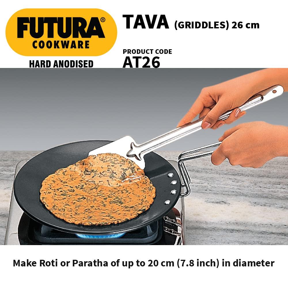 Hawkins Futura Hard Anodized Concave Tava Griddle with Steel Handle: Gas Compatible, Aluminum Surface, Hand Wash