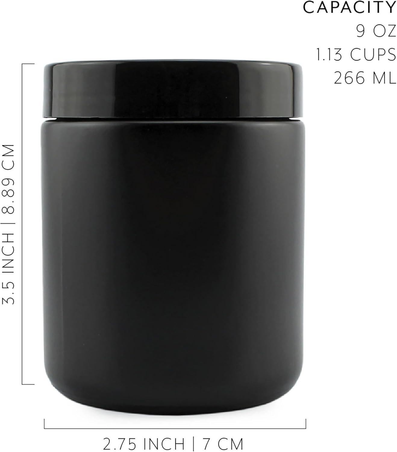 Cornucopia Brands 8oz /9oz Black Matte Coated Glass Cosmetic Jars (6pk) w/ Black Plastic Lids; Straight Sided for Body Butter, Creams, Scrubs