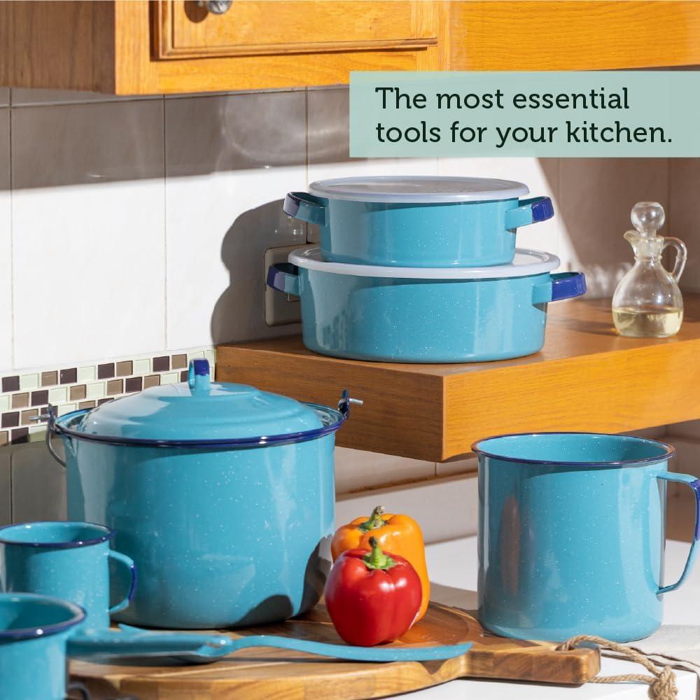 Cinsa 14-Piece Enameled Steel Cookware Set, Turquoise Blue