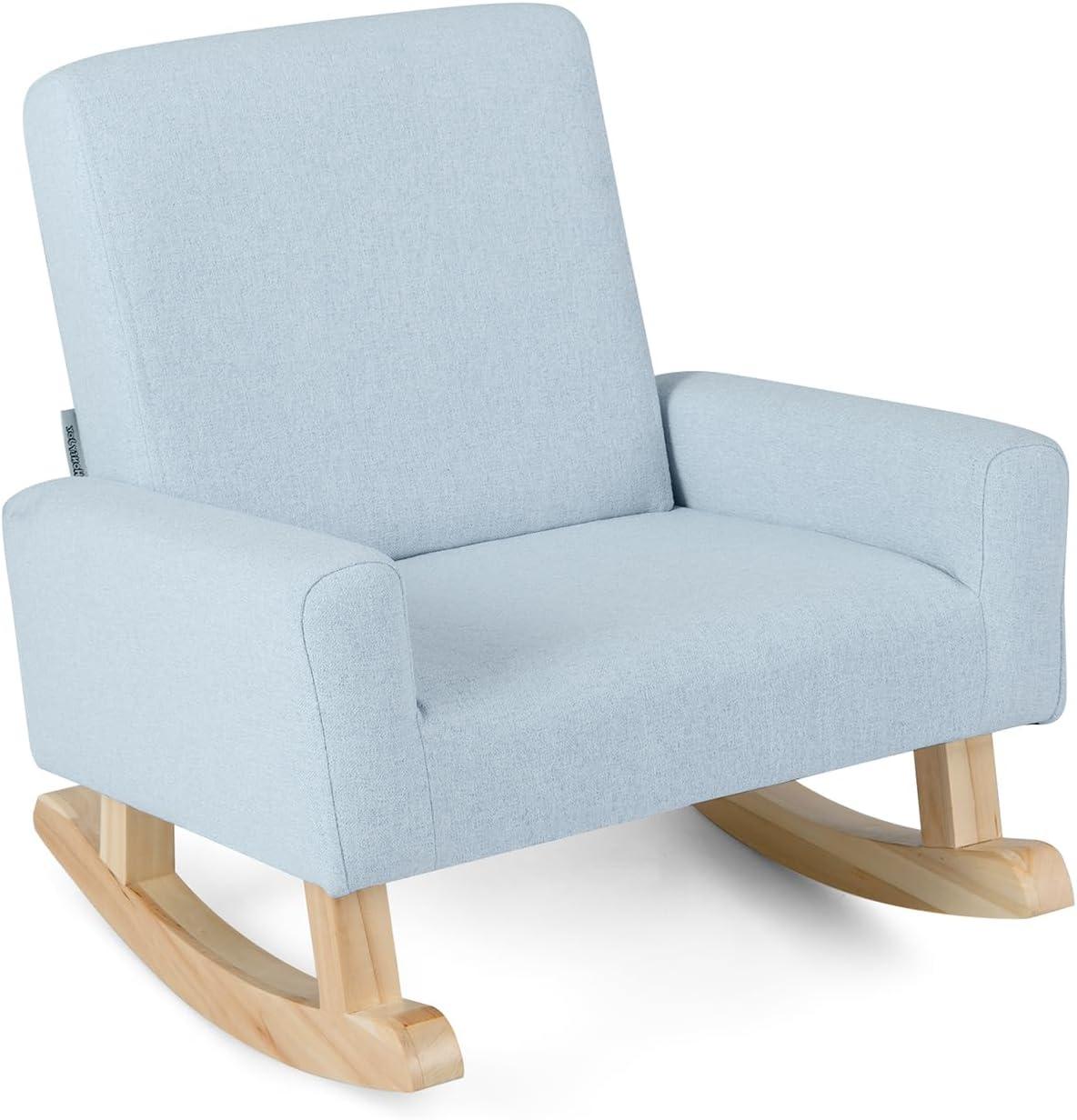 Gymax Kids Rocking Chair Children Armchair Linen Upholstered Sofa w/ Solid Wood Legs Blue