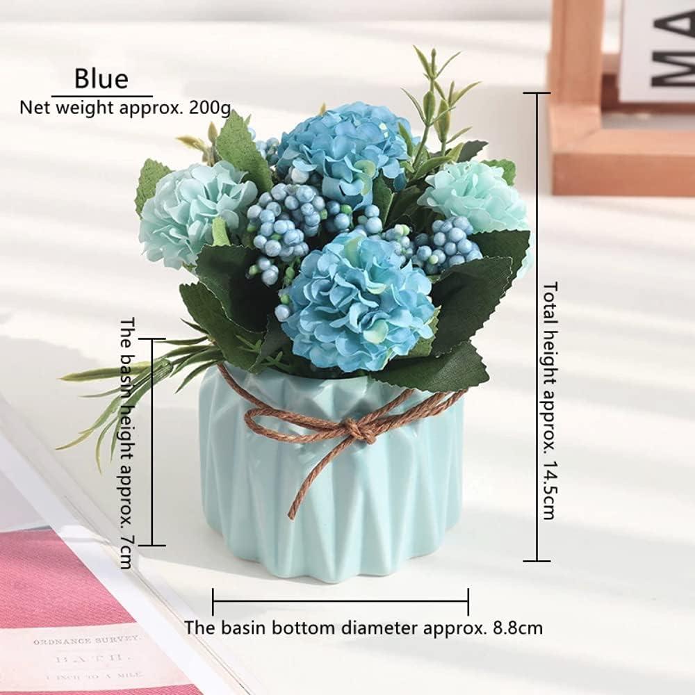 Fake Hydrangeas with Pot, Mini Hydrangea Artificial Flowers Artificial Plant in Ceramic Vase for Office Desktop Decorations (Blue)