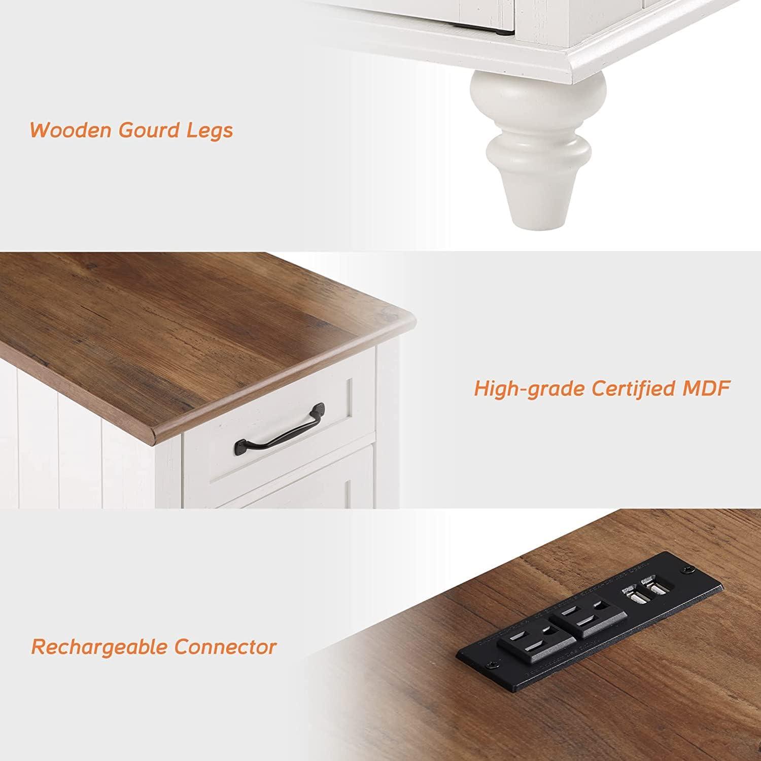 WAMPAT 2 Pack End Tables with Charging Station, Farmhouse Side Table with Drawer & Storage Cabinet, White Nightstand with Power Outlets & USB Ports for Living Room, Bedroom