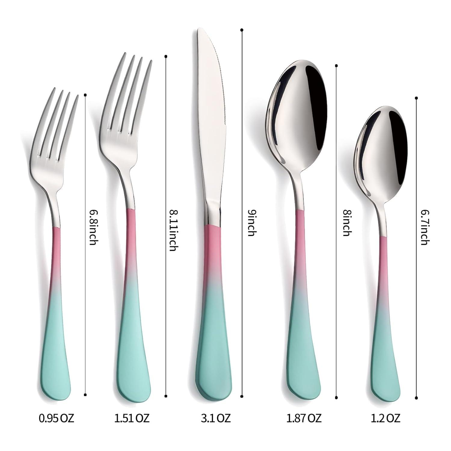 20-Pieces color Silverware Sets for 4,Pink and Green Handle Stainless Steel Cutlery Set, Include Forks Spoons and Knives Set, Dishwasher Safe Utensil Sets for Home Restaurant
