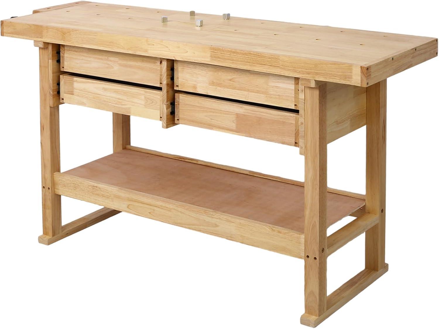 60" Solid Wood Workbench with 4 Drawers and Lower Shelf, Durable Rubberwood Wooden Workbench for Garage, Woodworking Carpenter Workshop and Home Natural Finish 330 lbs Capacity
