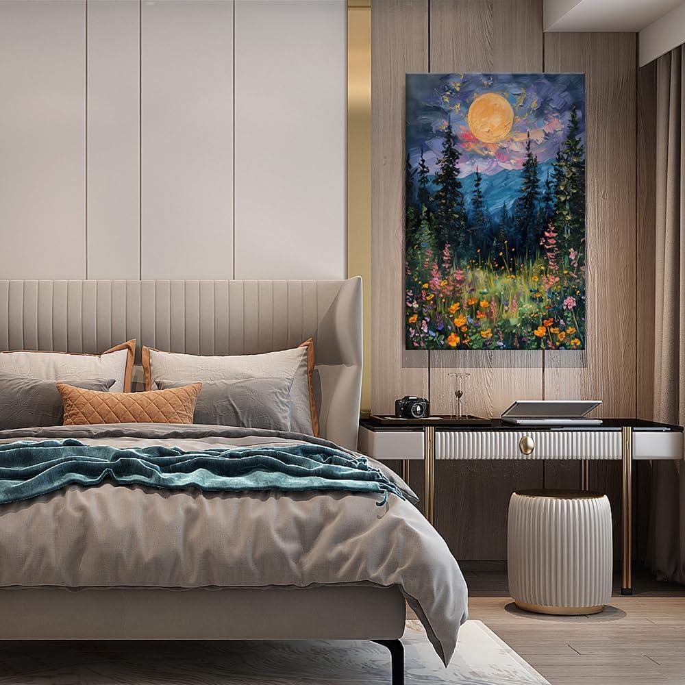 SFAOHPR Mystical Moon and Wildflowers Canvas Wall art Nature Flowers Oil Painting posters for room aesthetic Room Aesthetics Posters for Bedroom living room Home Decor ﻿12x16inch Unframed