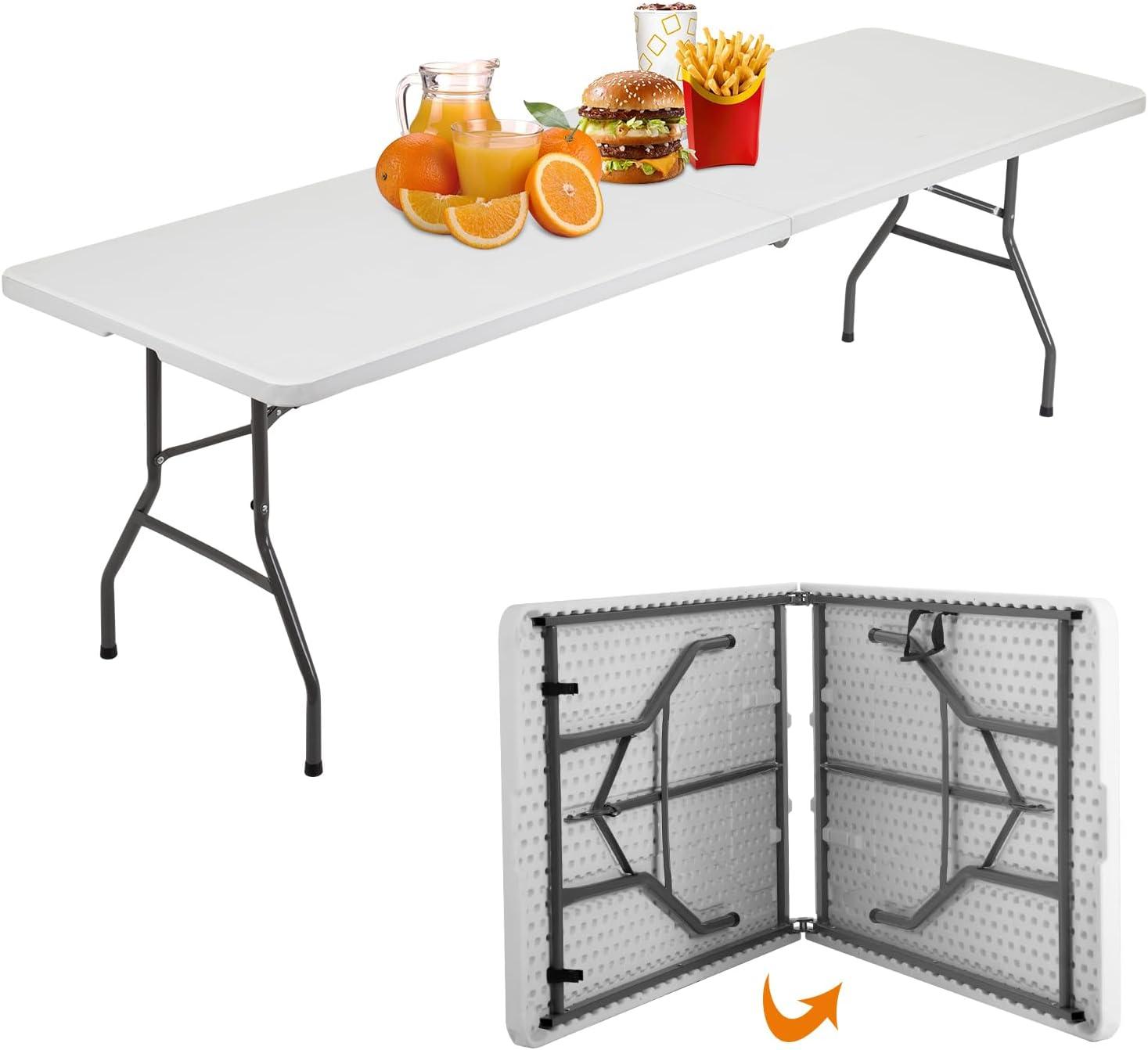 8ft Folding Table Portable Picnic Table, Lightweigh Folding Plastic Table with Handle and Steel Legs Utility Table Dining Lock for Work,Picnic,Party,Camping,White