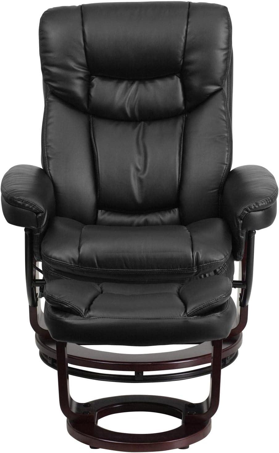 Sustainably Sourced Black Leather Swivel Recliner with Mahogany Wood Base