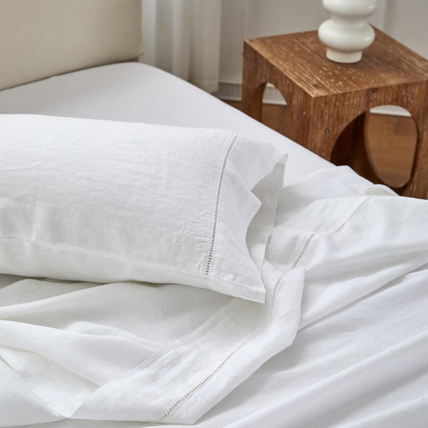 Simple&Opulence Belgian Linen Sheet Set Solid Color - 4 Pieces (1 Flat Sheet, 1 Fitted Sheet & 2 Pillowcases) Natural Flax Cotton Blend Soft Breathable Farmhouse Bedding - Full Size, White