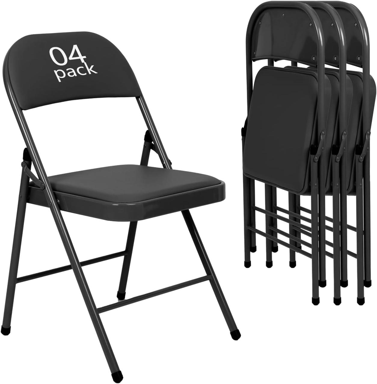 Black Metal Frame Armless Leather Folding Chairs, Set of 4